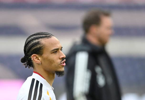 Leroy Sane GER (19) dahinter Bundestrainer Trainer Coach Julian Nagelsmann GER Aufwaermen Training iam 29.03.2026 m Vorfeld des DFB Laenderspiel Deutschland GER vs Ghana GHA Freundschatsspiel Testspiel am 30.03.2026 DFL REGULATIONS PROHIBIT ANY USE OF PHOTOGRAPHS AS IMAGE SEQUENCES AND OR QUASI-VIDEO DFB Laenderspiel Deutschland GER vs Ghana GHA
