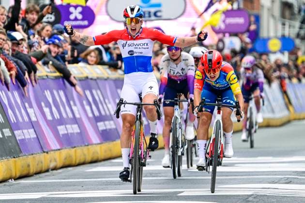 In Flanders Fields in Wevelgem Women 2026 Cycling Race WEVELGEM, BELGIUM - MARCH 29 : Wiebes Lorena (NED) of Team SD Worx - Protime celebrating her victory, Moors Fleur (BEL) of Lidl - Trek during the 13rd edition of In Flanders Fields in Wevelgem Women an UCI Women s World Tour 1.WWT one day cycling road race for Women Elite of 134 km with start in Wevelgem and finish in Wevelgem on March 29, 2026 in Wevelgem, Belgium, 29 03 2026 ( Motordriver Serge Seynaeve - Wevelgem Belgium  Copyright: xJanxDexMeuleneirx