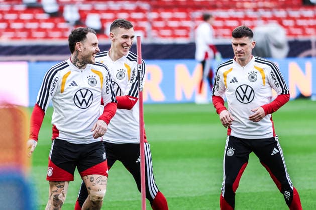 Fussball, UEFA Länderspiel Abschlusstraining Deutschland vor dem Freundschaftsspiel gegen Ghana 29.03.2026, MHP Arena Stuttgart David Raum (Deutschland, 22) Nico Schlotterbeck (Deutschland, 15) Pascal Groß (Deutschland, 5) Stuttgart MHP Arena Baden-Württemberg Deutschland