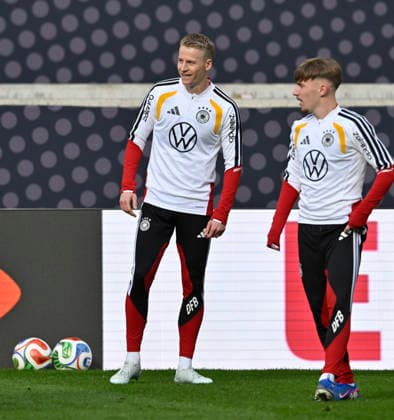 Chris Fuehrich GER (14) Lennart Karl GER (25) Aufwaermen Training iam 29.03.2026 m Vorfeld des DFB Laenderspiel Deutschland GER vs Ghana GHA Freundschatsspiel Testspiel am 30.03.2026 DFL REGULATIONS PROHIBIT ANY USE OF PHOTOGRAPHS AS IMAGE SEQUENCES AND OR QUASI-VIDEO DFB Laenderspiel Deutschland GER vs Ghana GHA