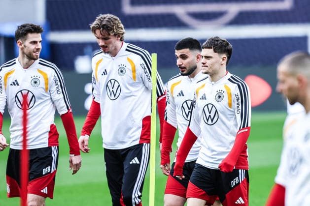 Fussball, UEFA Länderspiel Abschlusstraining Deutschland vor dem Freundschaftsspiel gegen Ghana 29.03.2026, MHP Arena Stuttgart Anton Stach (Deutschland, 24) Nick Woltemade (Deutschland, 11) Deniz Undav (Deutschland, 13) Florian Wirtz (Deutschland, 17) Stuttgart MHP Arena Baden-Württemberg Deutschland