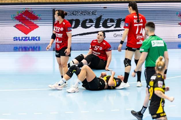 29.03.2026, GER, Handball, Frauen, Saison 2025 2026, EHF European League, Viertelfinale, Thueringer HC - Nykobing Falster Handbold Josefine Hanfland (Thueringer HC,57), Nanna Hinnerfeldt Andersen (Nykobing Falster Handbold) 99947 Bad Langensalza Salza Halle Sporthalle Mehrz Thüringen Deutschland
