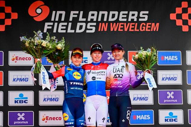 In Flanders Fields in Wevelgem Women 2026 Cycling Race WEVELGEM, BELGIUM - MARCH 29 : Swinkels Karlijn (NED) of UAE Team ADQ, Moors Fleur (BEL) of Lidl - Trek, Wiebes Lorena (NED) of Team SD Worx - Protime on the podium during the 13rd edition of In Flanders Fields in Wevelgem Women an UCI Women s World Tour 1.WWT one day cycling road race for Women Elite of 134 km with start in Wevelgem and finish in Wevelgem on March 29, 2026 in Wevelgem, Belgium, 29 03 2026 ( Motordriver Serge Seynaeve - Wevelgem Belgium  Copyright: xJanxDexMeuleneirx