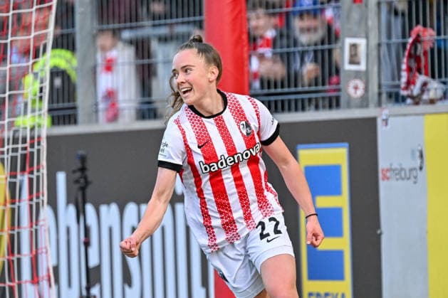 Jubel zum Tor zum 1:2 durch Lisa Kolb (SC Freiburg, 22) GER, SC Freiburg - TSG Hoffenheim, Frauen-Fussball, Google Pixel Frauen-Bundesliga, 22. Spieltag, Saison 2025 2026, 29.03.2026 DFB REGULATIONS PROHIBIT ANY USE OF PHOTOGRAPHS AS IMAGE SEQUENCES AND OR QUASI-VIDEO GER, SC Freiburg - TSG Hoffenheim, Frauen-Fussball, Google Pixel Frauen-Bundesliga, 22. Spieltag, Saison 2025 2026, 29.03.2026 Freiburg Copyright: xEibner-Pressefoto ThomasxHessx EP_THS