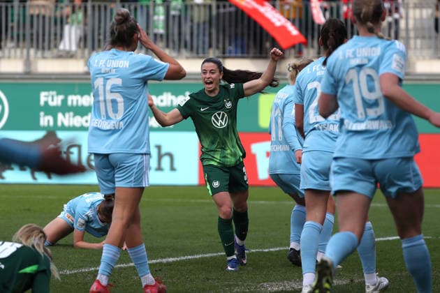 VfL vs. Berlin, BL Frauen Wolfsburg, 29.03.2026, Fußball, Frauen, Google Pixel Bundesliga, Saison 2025 2026, VfL Wolfsburg vs FC Union Berlin, Judit Pujols (VfL Wolfsburg) jubelt nach ihrem Tor zum 3:3 AOK Stadion Niedersachsen Deutschland
