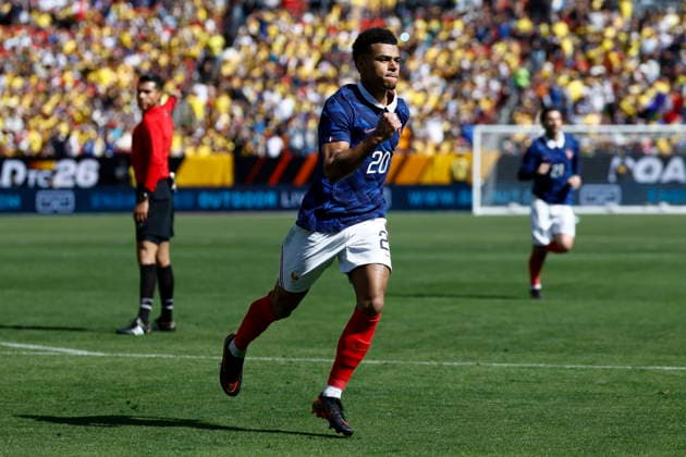 Soccer International Friendly, Länderspiel, Nationalmannschaft - Colombia vs France France s Desire Doue celebrates scoring the 0-1 goal during the friendly soccer match between Colombia and France in Landover, Maryland, USA, 29 March 2026. LANDOVER MARYLAND UNITED STATES  Copyright: xWILLxOLIVERx