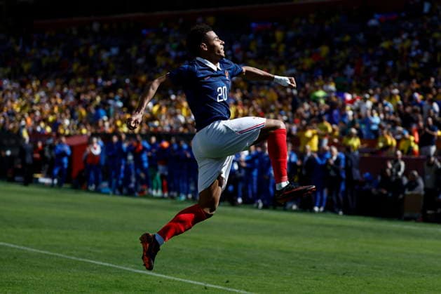 Soccer International Friendly, Länderspiel, Nationalmannschaft - Colombia vs France France s Desire Doue celebrates scoring the 0-1 goal during the friendly soccer match between Colombia and France in Landover, Maryland, USA, 29 March 2026. LANDOVER MARYLAND UNITED STATES  Copyright: xWILLxOLIVERx