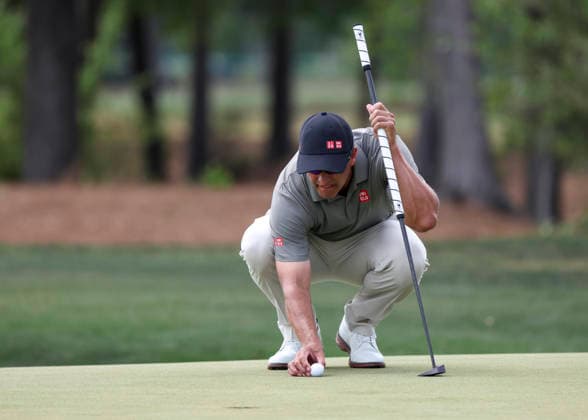 HOUSTON, TX - MARCH 29: Adam Scott (AUS) sets up his putt on 8 green during the final round of the Texas Children s Houston Open on March 29, 2026, at Memorial Park Golf Course, Houston, Texas(Photo by Leslie Plaza Johnson Icon Sportswire) GOLF: MAR 29 PGA, Golf Herren Texas Children s Houston Open EDITORIAL USE ONLY Icon2603290944