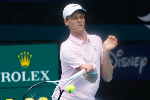 Jannik Sinner from Italy hits a forehand shot to Jiri Lehecka from Czechia in the mens final match on the stadium court at the Miami Open in the Hard Rock Stadium in Miami Gardens, Florida, on Sunday, March 29, 2026.  MIA20260329108 GARYxIxROTHSTEIN