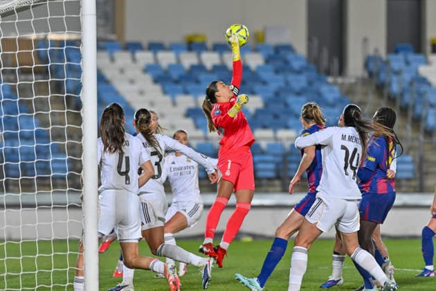 March 30, 2026, Madrid, Madrid, Spain: MARIA ISABEL RODRIGUEZ (MISA) of Real Madrid Femenino CF punches the ball away during the Spanish Women League, Liga F, football match played between REAL MADRID 0 Vs FC Barcelona, Barca 3 at Alfredo Di Stefano stadium on march 29, 2026, in Valdebebas, Madrid, Spain. Spanish Women League REAL MADRID 0 Vs FC BARCELONA 3 (03.29.26) - ZUMAc312 20260330_zsp_c312_010 Copyright: xOscarxManuelxSanchezx