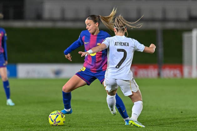 March 30, 2026, Madrid, Madrid, Spain: CLARA SERRAJORDI of FC Barcelona, Barca Femenino disputes a ball ATHENEA DEL CASTILLO of Real Madrid Femenino CF during the Spanish Women League, Liga F, football match played between REAL MADRID 0 Vs FC BARCELONA 3 at Alfredo Di Stefano stadium on march 29, 2026, in Valdebebas, Madrid, Spain. Spanish Women League REAL MADRID 0 Vs FC BARCELONA 3 (03.29.26) - ZUMAc312 20260330_zsp_c312_096 Copyright: xOscarxManuelxSanchezx