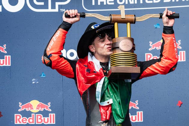 March 29, 2026: Marco Bezzecchi (72) with Aprilia Racing celebrates first place championship win at the Red Bull Grand Prix of the United States, Circuit of The Americas. Austin, Texas. CSM Austin United States of America - ZUMAc04_ 20260329_faf_c04_056 Copyright: xMarioxCantux