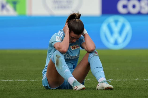 Wolfsburg, Deutschland: 29. März 2026 - 1. Frauen Bundesliga - 22. Spieltag - VfL Wolfsburg vs. Union Berlin Im Bild: Nele Bauereisen (Union Berlin) enttäuscht nach dem Remis Ergebnis zum 3:3 gegen Wolfsburg Copyright: HMBxMedia MadeleinexFantini