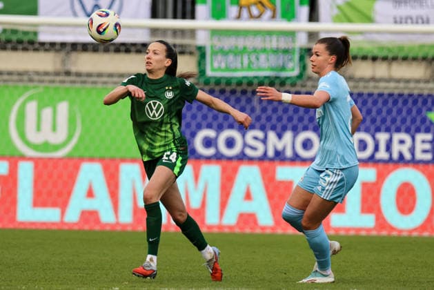 Wolfsburg, Deutschland: 29. März 2026 - 1. Frauen Bundesliga - 22. Spieltag - VfL Wolfsburg vs. Union Berlin Im Bild: v.li. Joelle Wedemeyer (VfL) und Nele Bauereisen (Union Berlin) Copyright: HMBxMedia MadeleinexFantini