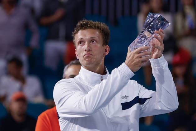 March 29, 2026, Miami Gardens, Florida, USA: Jiri Lehecka (CZE) is seen holding the runnerÃ¢â‚¬â ¢s up trophy at the end of the menÃ¢â‚¬â ¢s singles final match at the 2026 Miami Open presented by Itau at Hard Rock Stadium. Tennis 2026: Miami Open  - ZUMAa257 20260329_zsp_a257_018 Copyright: xChrisxArjoonx