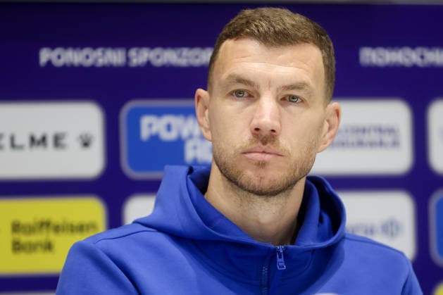 press conference, PK, Pressekonferenz of Bosnia and Herzegovina national team, Nationalteam Player and captain of Bosnia and Herzegovina national team, Edin Dzeko, speaks during a press conference on March 30, 2026 in Sarajevo, Bosnia and Herzegovina, ahead of the FIFA World Cup, WM, Weltmeisterschaft, Fussball 2026 play-off match against Italy. ArminxDurgut PIXSELL