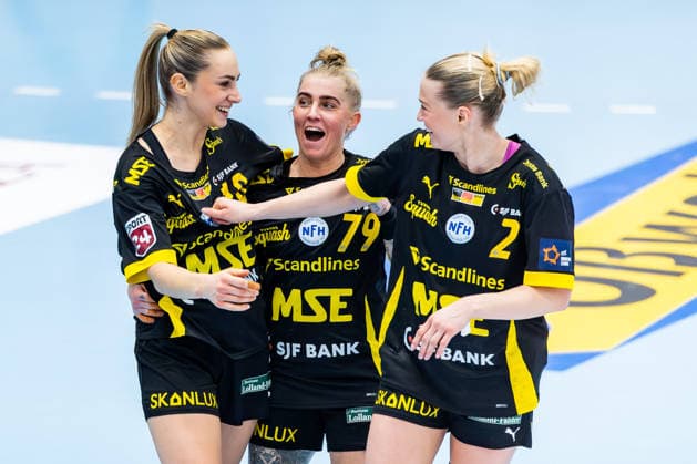 29.03.2026, GER, Handball, Frauen, Saison 2025 2026, EHF European League, Viertelfinale, Thueringer HC - Nykobing Falster Handbold Mia Solberg Svele (Nykobing Falster Handbold), Kristina Kristiansen (Nykobing Falster Handbold), Caroline Aar Jakobsen (Nykobing Falster Handbold) 99947 Bad Langensalza Salza Halle Sporthalle Mehrz Thüringen Deutschland