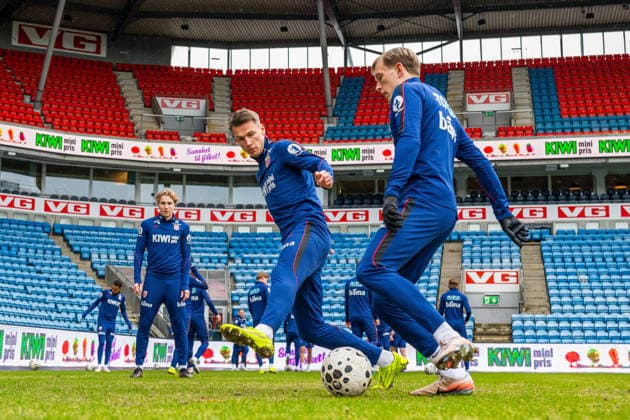 260330 Odin Bjortuft and Marcus Holmgren Pedersen of the Norwegian national football team during a training session on March 30, 2026 in Oslo. Photo: Vegard Grott BILDBYRAN kod VG VG0912 bbeng fotball football soccer fotboll norge norway trening träning training practice Copyright: VEGARDxGRoTT BB260330VG003