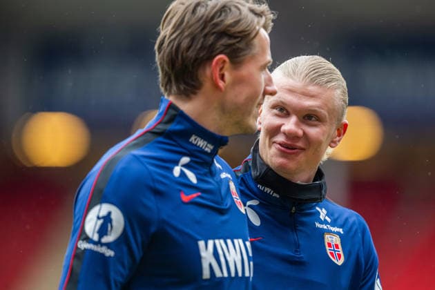 260330 Sander Berge and Erling Braut Haaland of the Norwegian national football team during a training session on March 30, 2026 in Oslo. Photo: Vegard Grott BILDBYRAN kod VG VG0912 bbeng fotball football soccer fotboll norge norway trening träning training practice Copyright: VEGARDxGRoTT BB260330VG004
