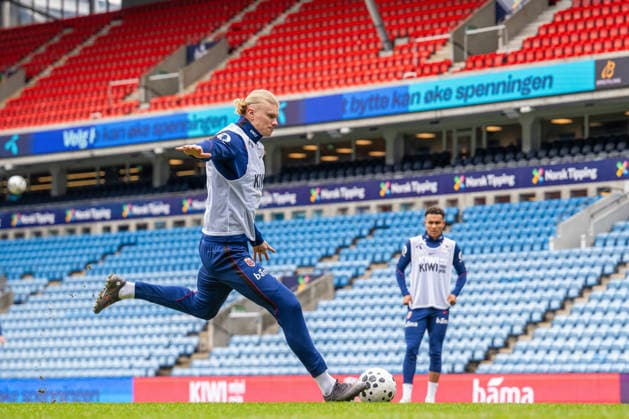 260330 Erling Braut Haaland and Antonio Nusa of the Norwegian national football team during a training session on March 30, 2026 in Oslo. Photo: Vegard Grott BILDBYRAN kod VG VG0912 bbeng fotball football soccer fotboll norge norway trening träning training practice Copyright: VEGARDxGRoTT BB260330VG010