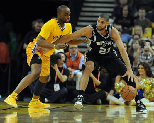 Feb. 22, 2013 - Oakland, CA, USA - The Golden State Warriors Draymond Green defends against the San Antonio Spurs Tim Duncan (21) in the second quarter at the Oracle Arena in Oakland, California, on Friday, February 22, 2013. Copyright: xDanxHondax