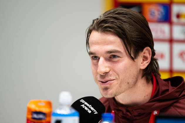260330 Jakub Kaminski of the Polish national football team at a press conference, PK, Pressekonferenz on March 30, 2026 in Stockholm. Photo: Jesper Zerman BILDBYRAN kod JZ JZ0695 fotboll football soccer fotball vm-kval kval FIFA World Cup, WM, Weltmeisterschaft, Fussball qualifier qualifier presskonferens press conference polen poland bbeng Copyright: JESPERxZERMAN BB260330JZ062