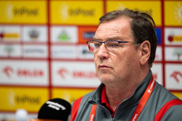 260330 Head coach Jan Urban of the Polish national football team at a press conference, PK, Pressekonferenz on March 30, 2026 in Stockholm. Photo: Jesper Zerman BILDBYRAN kod JZ JZ0695 fotboll football soccer fotball vm-kval kval FIFA World Cup, WM, Weltmeisterschaft, Fussball qualifier qualifier presskonferens press conference polen poland bbeng Copyright: JESPERxZERMAN BB260330JZ065