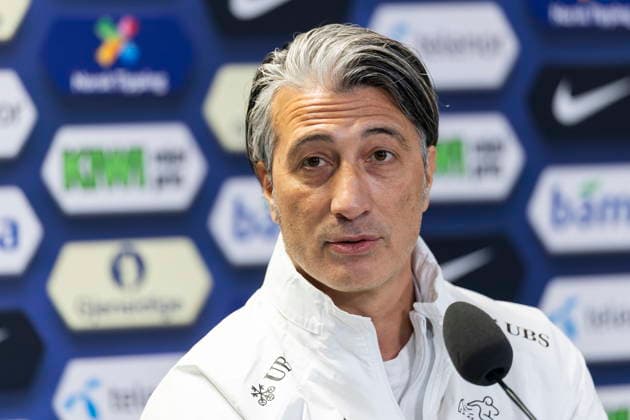 Switzerland national team, Nationalteam training and press conference, PK, Pressekonferenz Head coach Murat Yakin, speaks during a press conference of the Swiss national soccer team, one day before the international soccer match between Norway and Switzerland at the Ullevaal Stadium in Oslo, Norway, 30 March 2026. OSLO Norway  Copyright: xCYRILxZINGAROx