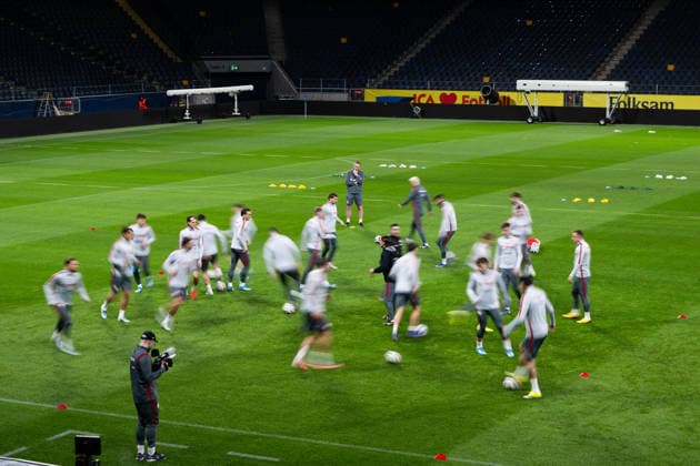260330 Players of Poland s national football team at a training session on March 30, 2026 in Stockholm. Photo: Jesper Zerman BILDBYRAN kod JZ JZ0696 fotboll football soccer fotball vm-kval kval FIFA World Cup, WM, Weltmeisterschaft, Fussball qualifier qualifier träning practice training polen poland bbeng Copyright: JESPERxZERMAN BB260330JZ093