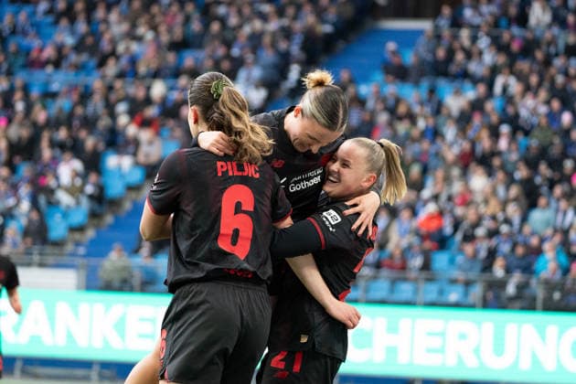 HAMBURG, GERMANY - MARCH 30: Player of Bayer 04 Leverkusen celebrate the goal during the Google Pixel Frauen-Bundesliga between Hamburger SV and Bayer 04 Leverkusen at Stadion Hoheluft on March 30, 2026 in Hamburg, Germany. (Photo by Qianru Zhang Press Photo) Copyright: xQianruxZhang SPPx Sportspressphoto_SPR121791