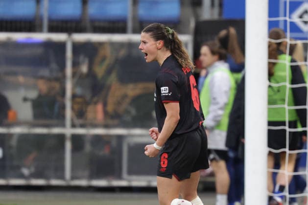 2026.03.30 xfsx Fussball Google Pixel Frauen- Bundesliga Hamburger Sportverein - Bayer 04 Leverkusen v.l. Katharina Piljic (Bayer 04 Leverkusen ,6) feiert das Tor zum 2:1 fuer Bayer 04 Leverkusen (DFL regulations prohibit any use of photographs as image sequences and or quasi-video. Copyright: HMBxMedia FernandoxSoares