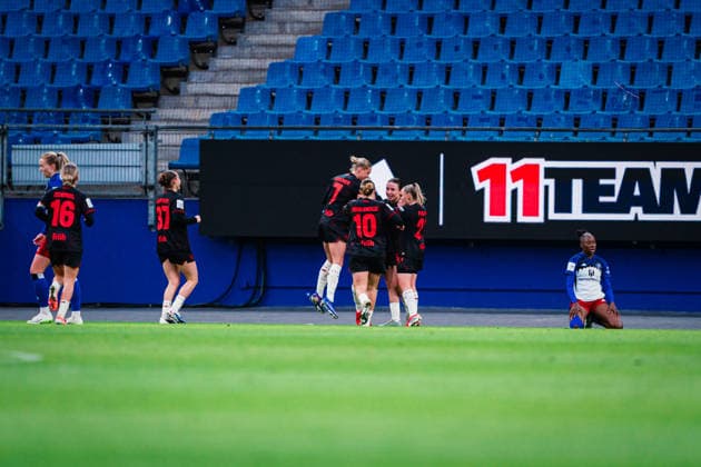 Google Pixel Frauen-Bundesliga: Hamburger SV vs. Bayer 04 Leverkusen, 30.03.2026 TOR, JUBEL zum 1:2 durch Katharina Piljic (Bayer 04 Leverkusen, 6); Fußball, Google Pixel Frauen-Bundesliga, 22. Spieltag: Hamburger SV vs. Bayer 04 Leverkusen am 30.03.2026 im Volksparkstadion, Hamburg DFB REGULATIONS PROHIBIT ANY USE OF PHOTOGRAPHS AS IMAGE SEQUENCES AND OR QUASI-VIDEO. Copyright: xBEAUTIFULxSPORTS Tonhäuserx