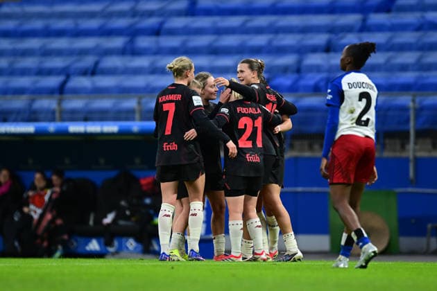 Fußball I Frauen I Saison 2025-2026 I Bundesliga I 22. Spieltag I Hamburger SV - Bayer 04 Leverkusen I 30.03.2026 Jubel, Begeisterung, Enthusiasmus, Euphorie, Freude, Glücksgefühl, Heiterkeit bei: Bayer 04 Leverkusen Frauen Hamburg Volkspark, Volksparkstadion, Stadion, Volkspark-Stadion Hamburg Deutschland Copyright: xLobeca FelixxSchlikisx