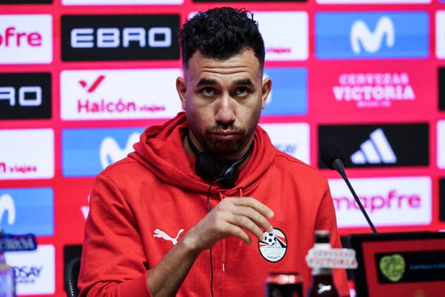March 30, 2026, Cornella, Barcelona, SPAIN: Mahmoud Trezeguet of Egypt attends the press conference, PK, Pressekonferenz ahead of the International Friendly, Länderspiel, Nationalmannschaft football match against Spain at RCDE Stadium on March 30, 2026 in Cornella, Spain. Egypt Team Press Conference - International Friendly - ZUMAa181 20260330_zaa_a181_063 Copyright: xJavierxBorregox