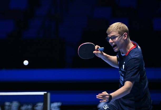 (260331) -- MACAO, March 31, 2026 -- Felix Lebrun of France competes during the men s singles group 7 match between Felix Lebrun of France and Feng Yi-hsin of Chinese Taipei at the ITTF Men s and Women s World Cup 2026 in Macao, China, March 31, 2026. ) (SP)CHINA-MACAO Table tennis, Tischtennis ITTF-WORLD CUP 2026-MEN S SINGLES (CN) YuxYang 