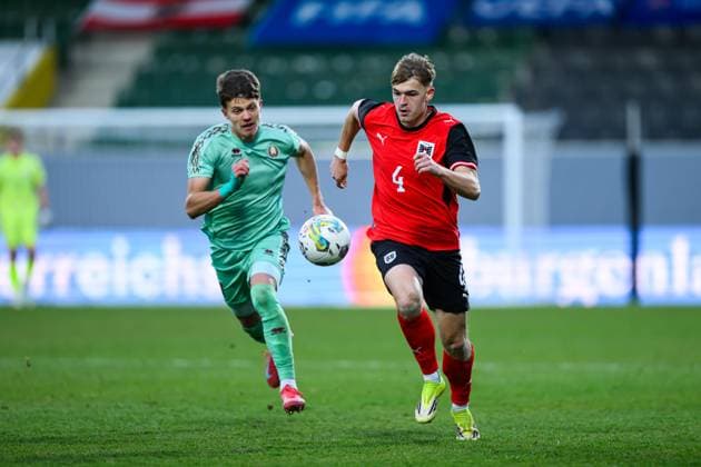 SOCCER - UEFA U21, U 21 EURO quali, AUT vs BLR RIED,AUSTRIA,31.MAR.26 - SOCCER - UEFA European Under-21 Championship 2027, qualifiers, OEFB under-21 international match, Länderspiel, Nationalmannschaft qualification, Austria vs Belarus. Image shows Gleb Kuchko (BLR) and David Puczka (AUT).  GEPAxpictures xChristianxMoser