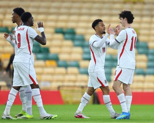 Ethan Nwaneri of England U21, U 21 s celebrates scoring the opening goal with Archie Gray Junior of England u21 s England U21 v Moldova U21, UEFA U21 Championship Qualifiers, Group D, Football, Carrow Road, Norwich, UK - 31 Mar 2026Norwich Carrow Road United Kingdom EDITORIAL USE ONLY No use with unauthorised audio, video, data, fixture lists, club league logos or live services. Online in-match use limited to 120 images, no video emulation. No use in betting, games or single club league player publications. Copyright: xMichaelxZemanek Shutterstockx 16808980p