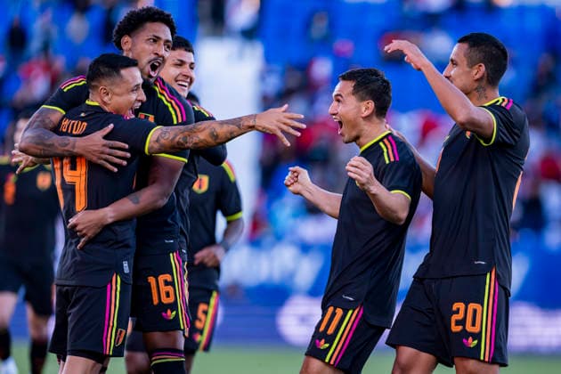 Peru v Honduras - International Friendly, Länderspiel, Nationalmannschaft Players of Peru (from L to R) Jose Reyes, Jesus Castillo, Jairo Velez, Alex Valera celebrate a goal during an international friendly match between Peru and Honduras at Estadio Ontime Butarque on March 31, 2026 in Leganes, Spain. Leganes Estadio Ontime Butarque Madrid Spain Copyright: xAlbertoxGardinx AGardin_20260331_Foot_Peru_Honduras_0327