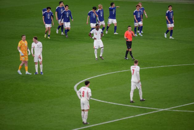 International Friendly, Länderspiel, Nationalmannschaft England v Japan Wembley Stadium 31.03.2026 24.03.2025 Japan celebrations and England dejection after Kaoru Mitoma of Japan scores 0-1 International Friendly England v Japan Wembley Stadium 31.03.2026 Photograph By Marc Aspland The Times  Copyright: xMarcxAsplandx NINTCHDBPICT001070699755