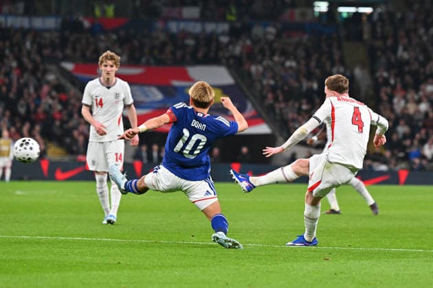 England v Japan, Friendly Elliot Anderson of England shoots at goal and hit there bar during the Friendly match between England and Japan at Wembley Stadium, London, UK on 31 March 2026. London Wembley Stadium Greater London UK Editorial use only , Copyright: xGrahamxHuntx PSI-23978-0070