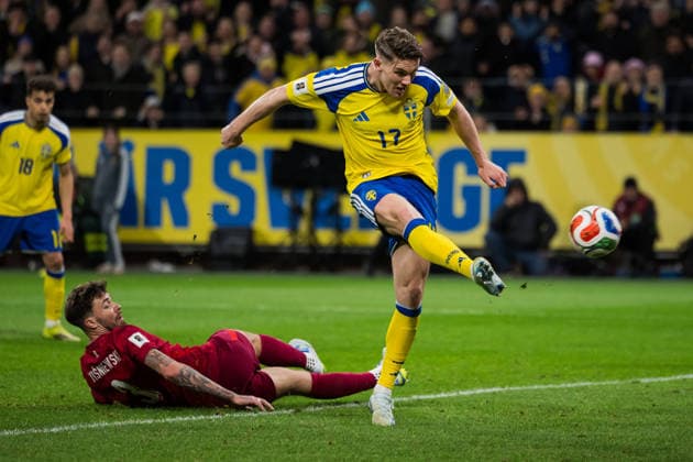 260331 Viktor Gyökeres of Sweden scores 3-2 during the FIFA World Cup, WM, Weltmeisterschaft, Fussball Qualifier play-off final football match between Sweden and Poland on March 31, 2026 in Stockholm. Photo: Jesper Zerman BILDBYRAN kod JZ JM0814 bbeng fotboll football soccer fotball vm-kval fifa world cup qualifier playoff play-off final sverige sweden sverige a polen poland *** 260331 Viktor Gyökeres of Sweden scores 3 2 during the FIFA World Cup Qualifier play off final football match between Sweden and Poland on March 31, 2026 in Stockholm Photo Jesper Zerman BILDBYRAN kod JZ JM0814 bbeng fotboll football soccer fotball vm kval fifa world cup qualifier playoff play off final sverige sweden sverige a polen poland  Copyright: JESPERxZERMAN BB260331JZ078