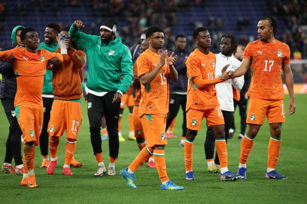 Soccer International Friendly, Länderspiel, Nationalmannschaft - Scotland vs Ivory Coast Amad Diallo of Ivory Coast (C) and team mates react after the international friendly match between Scotland and Cote d Ivoire in Liverpool, Great Britain, 31 March 2026. Liverpool United Kingdom  Copyright: xADAMxVAUGHANx