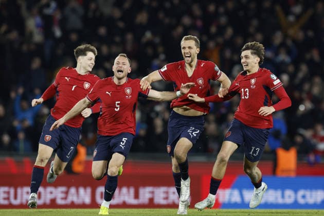 The final match of the World Cup qualification play-off Czechia against Denmark, in Prague, Czech Republic, on March 31, 2026. Ladislav Krejci, Vladimir Coufal, Tomas Soucek, Mojmir Chytil (CZE) celebrate victory in the match. (CTKxPhoto PavelxLebeda) CTKPhotoF202604010009001  CTKPhotoF202604010009001