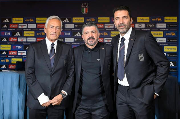 Gabriele Gravina Gennaro Gattuso and Gianluigi Buffon during the press conference, PK, Pressekonferenz to present Technical Commissioner Gennaro Gattuso at the Hotel Parco dei Principi Rome, Italy - Thursday 19 June 2025. Sports - Football.  Copyright: xFabrizioxCorradetti LaPressex