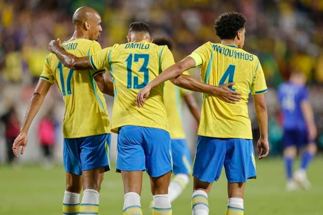 Soccer: Road to 26 -Croatia vs Brazil Orlando, FL: Brazil midfielders Fabinho (17) and Danilo (13) and defender Marquinhos (4) celebrate the win after the Road to 26 friendly game against Croatia on Tuesday, March 31, 2026, at Camping World Stadium. Brazil beat Croatia 3-1. (Kim Hukari Image of Orlando Florida United States EDITORIAL USE ONLY Copyright: xImagexofxSportx KimxHukarix iosphotos403230
