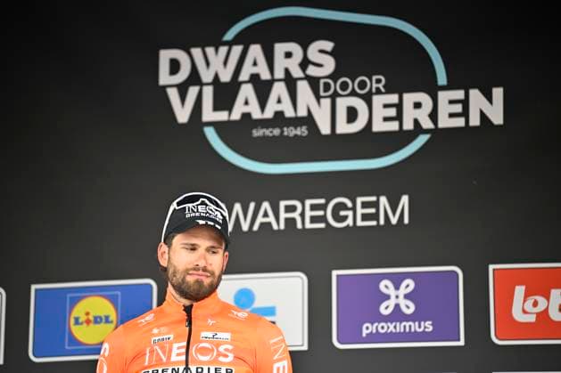 Dwars door Vlaanderen 2026 Cycling Race WAREGEM, BELGIUM - APRIL 01 : Ganna Filippo (ITA) of INEOS Grenadiers pictured during the podium ceremony of the 80th edition of Dwars door Vlaanderen an UCI World Tour 1.UWT one day cycling road race for Men Elite of 184 km with start in Roeselare and finish in Waregem on April 1, 2026 in Waregem, Belgium, 01 04 2026 ( Motordriver Kenny Verfaillie - Waregem Belgium  Copyright: xTomasxSiskx