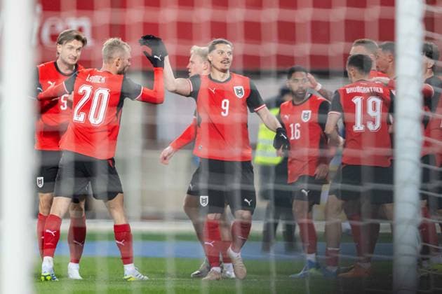 Marcel Sabitzer a goal celebrate with his teammates during friendly match, Austria - South Korea, 31. march 2026, Ernst Happel stadium, Wien, Austria Copyright: xMICHALxFAJT,ZOSPORTU.SKx FAJ_7310