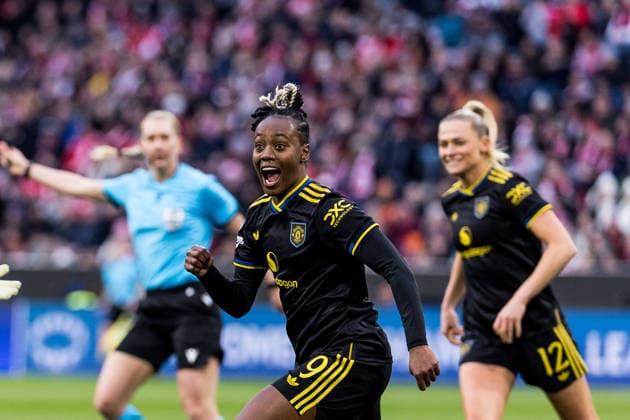 MUNICH, GERMANY - APRIL 1: Melvine Malard Manchester United, ManU 9) celebrates scoring the 0:1 goal during the UEFA Women™s Champions League Quarter final match between FC Bayern Muenchen vs. Manchester United at Allianz Arena on the 2nd leg of the UEFA Women™s Champions League Quarter finals on April 1, 2026 in Munich, Germany. Bavaria Germany Copyright: xSteffiexWunderlx
