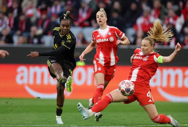 Melvine Malard , FC Bayern München Manchester United, ManU Frauen , Viertelfinale , Women Champions League , Fußball , in den Allianz Arena Stadion , in München , Bayern , Deutschland. April 01 , 2026 . Photo by: Davide Elias IPA Photo Pressefoto DENL Copyright: xDavidexEliasx