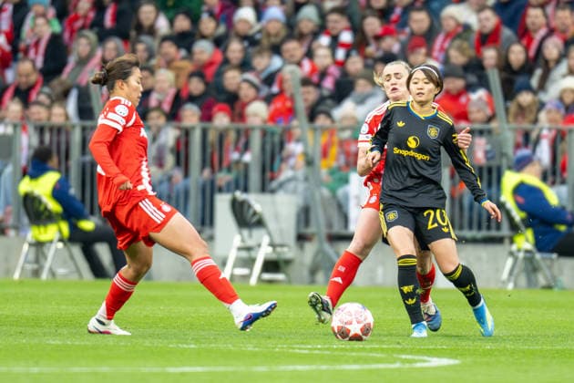 Momoko Tanikawa 18 (FC Bayern Muenchen), Hinata Miyazawa 20Julia Zigiotti Olme, Pernille Harder 21 (FC Bayern Muenchen), FC Bayern Frauen - Manchester United, ManU Fussball, Champions League Viertelfinale Rueckspiel, 01.04.2026 DFB regulations prohibit any use of photographs as image sequences and or quasi-video Muenchen Bayern Deutschland